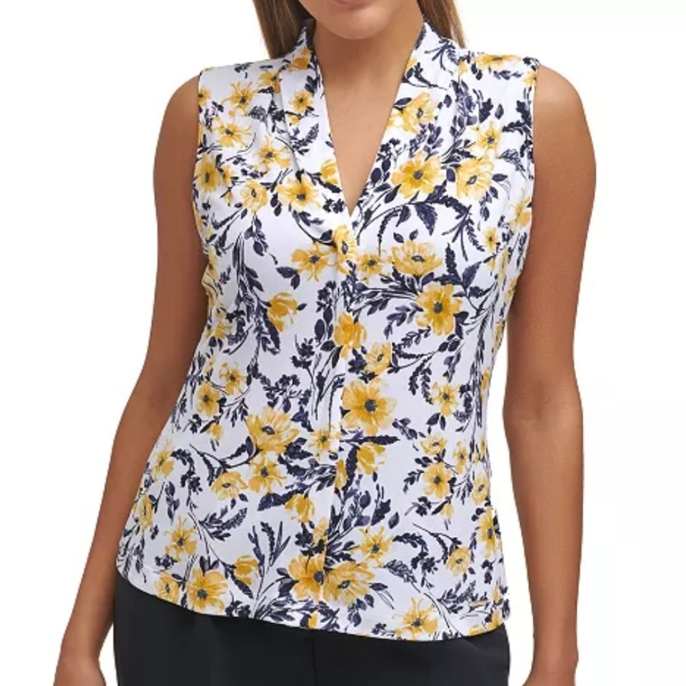 Calvin Klein Women's Floral Yellow and White Sleeveless Top-size M Petite
